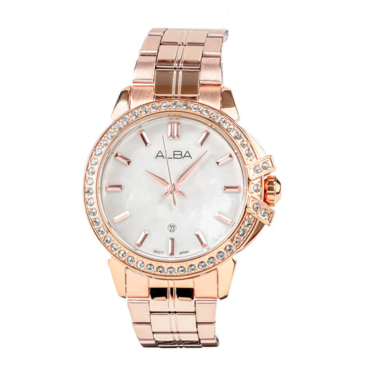 ALBA Rose Gold Ladies Watch with Mother of Pearl Dial and Crystals AH7CW8X1
