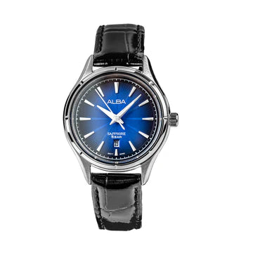 ALBA Deep Blue Patterened Dial Ladies Watch with Black Leather Strap Ladies Watch AH7CZ1X1