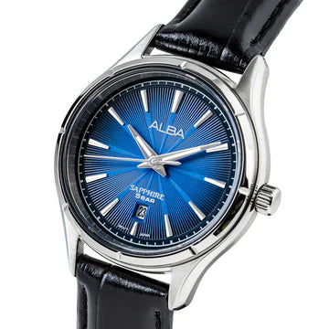 ALBA Deep Blue Patterened Dial Ladies Watch with Black Leather Strap Ladies Watch AH7CZ1X1