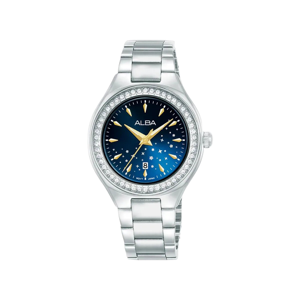 Silver watch with a blue dial featuring star and moon design on a white background, brand 'Alba' visible.
