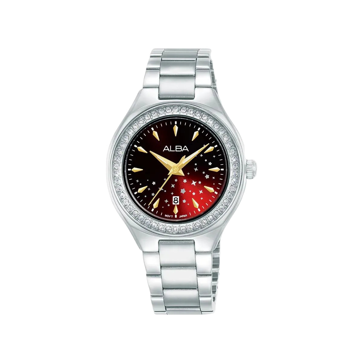Silver watch with a black and red face on a white background, featuring the brand 'Alba'.