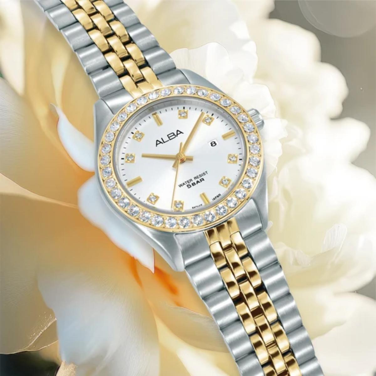 ALBA Crystal Bezel White Dial Analog Women's Watch AH7FD8X1