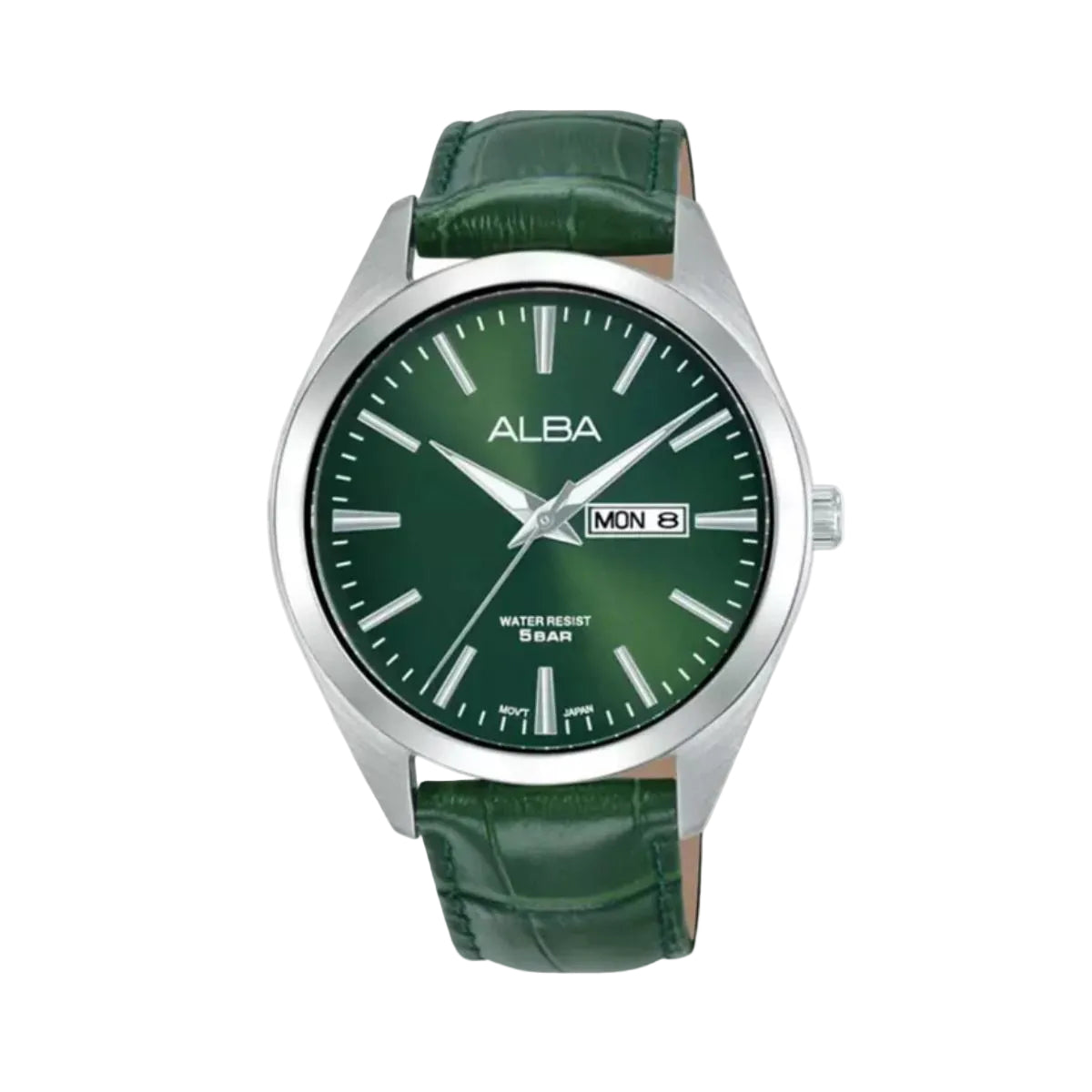 Green watch with a green strap on a white background, featuring the brand 'Alba'.