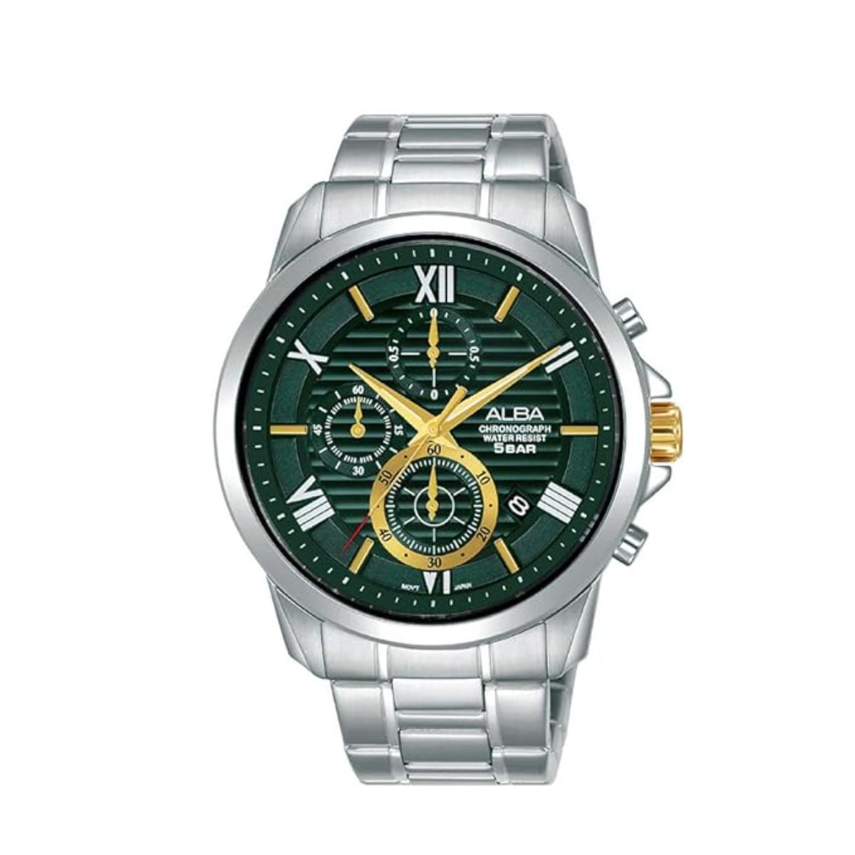 Silver watch with green dial and gold accents on a white background