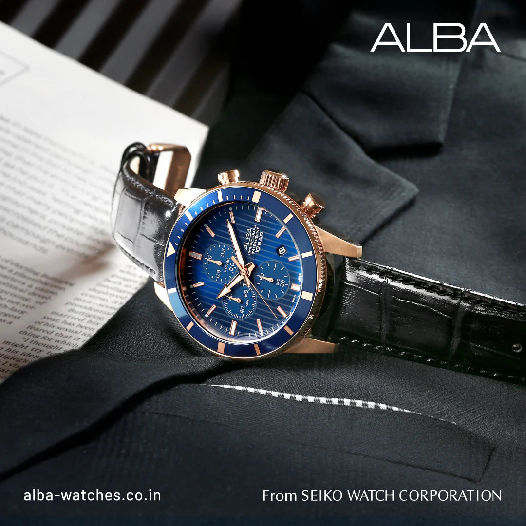 ALBA Blue Patterned Dial Chronograph In Leather Strap Men's Watch AM3960X1