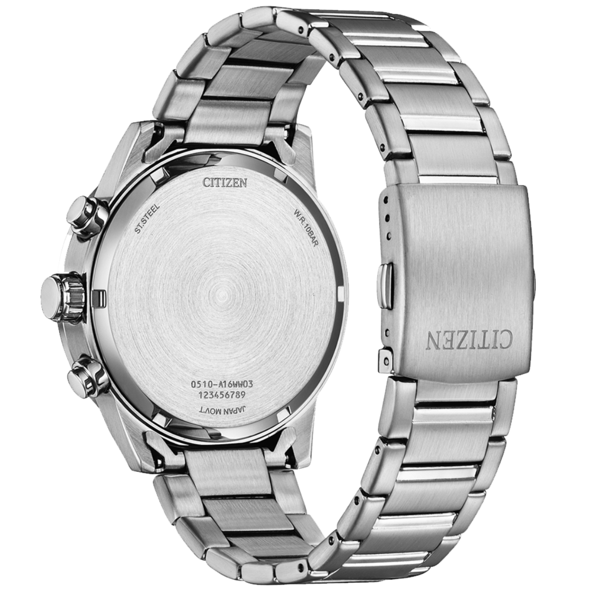 Silver Citizen watch with metal band on a white background