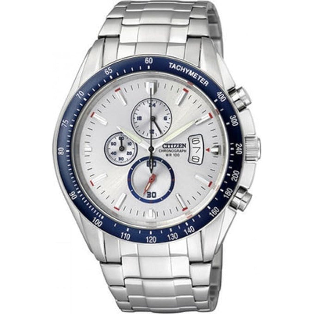 Silver and blue watch with a white face on a white background