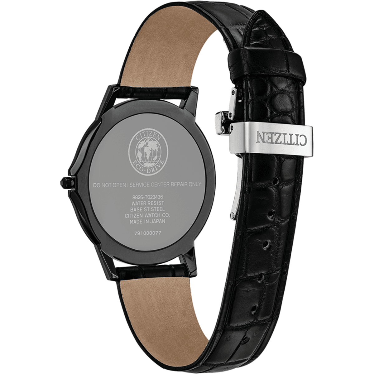 Black leather watch with visible Citizen brand on a white background