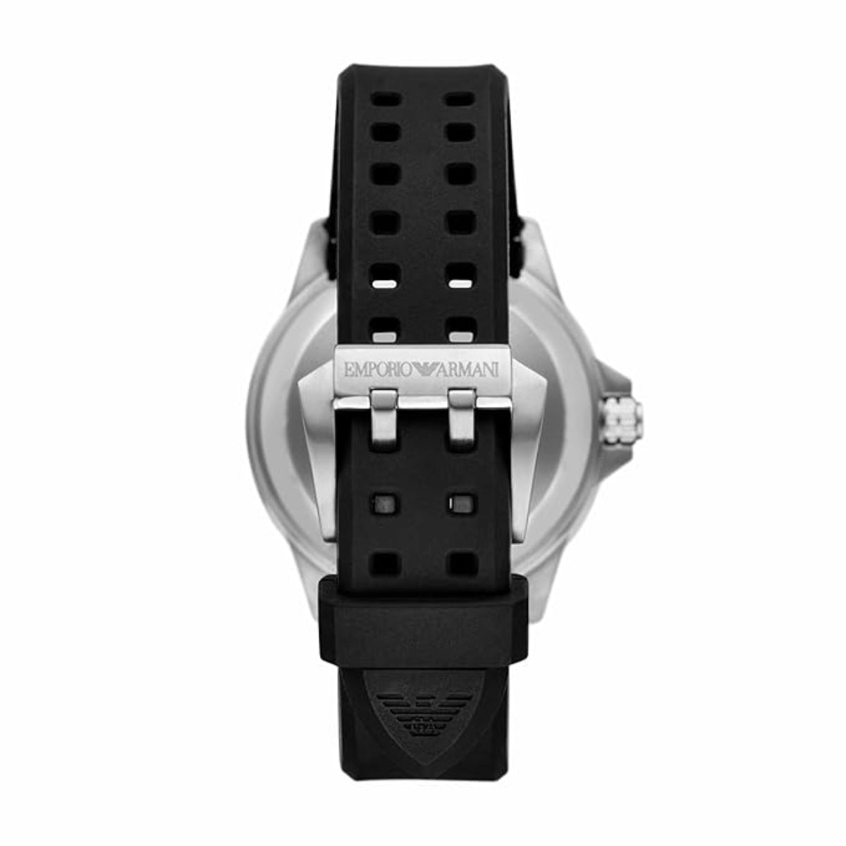 Black and silver Emporio Armani watch strap on a white background