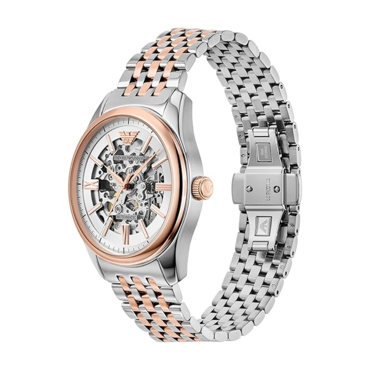 Silver and rose gold watch with a detailed face on a white background