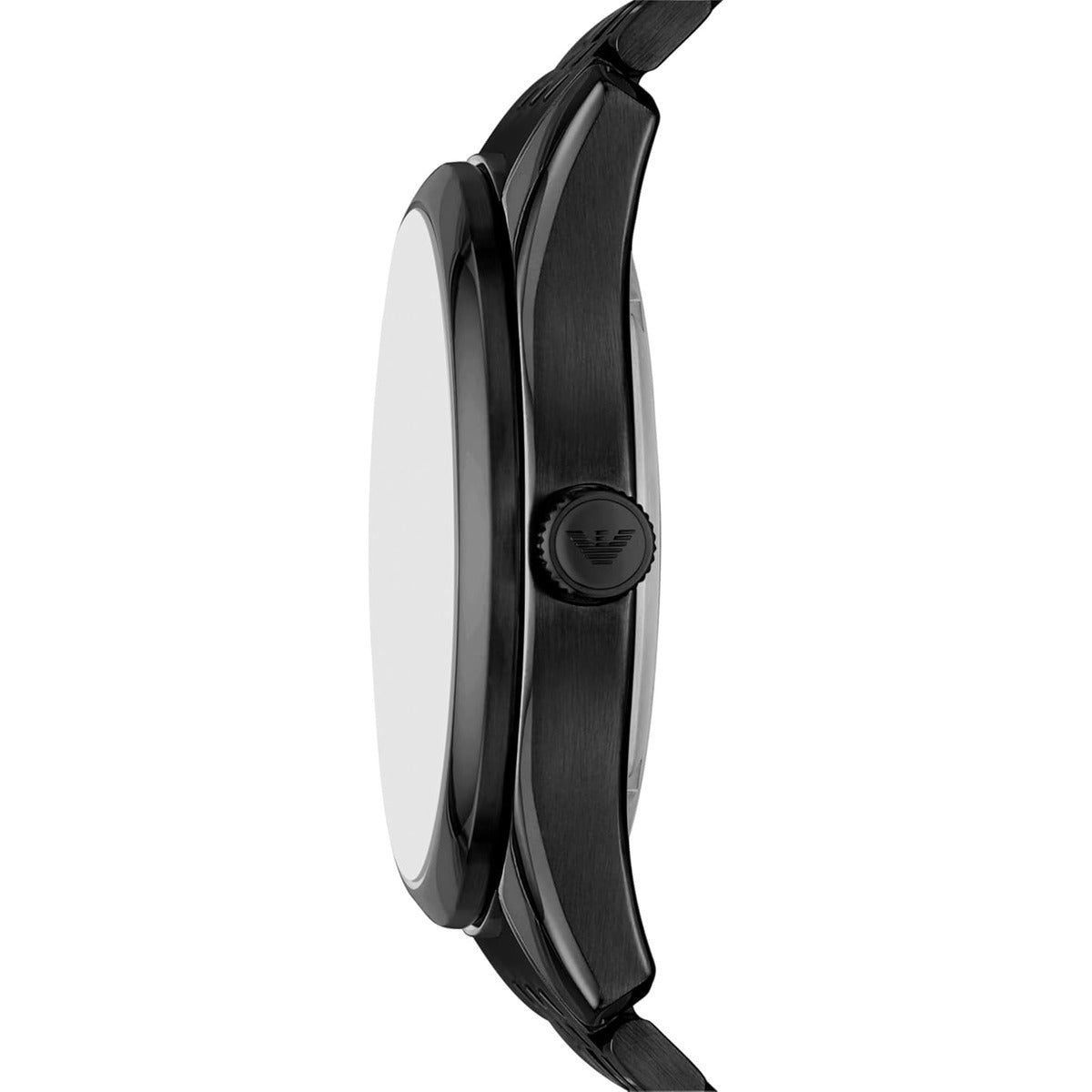 Close-up of a black watch with a brand logo on a white background