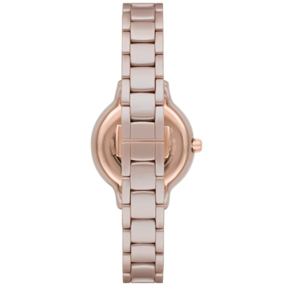 Rose gold watch with a white background