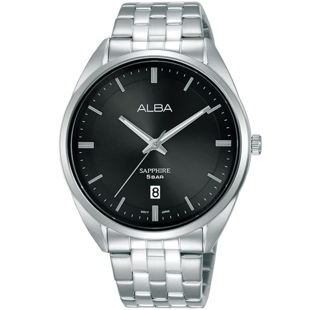 Silver watch with black dial and 'Alba' branding on a white background