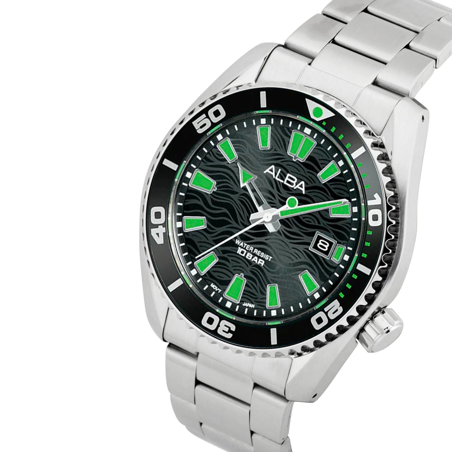 ALBA Black Surf Dial with Black+Green Rotating Bezel Men's Watch - AS9R75X1