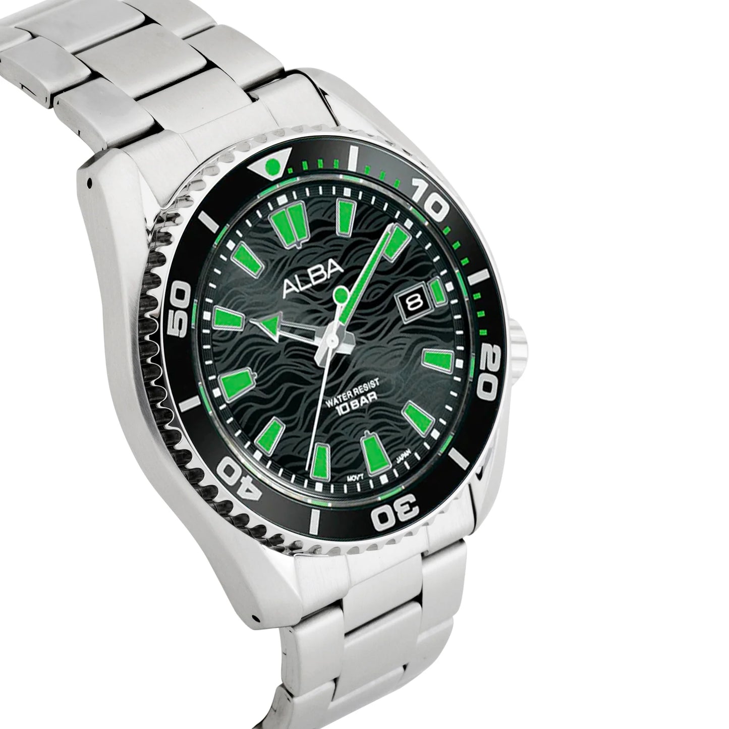 ALBA Black Surf Dial with Black+Green Rotating Bezel Men's Watch - AS9R75X1