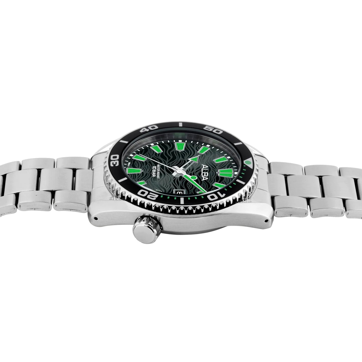 ALBA Black Surf Dial with Black+Green Rotating Bezel Men's Watch - AS9R75X1