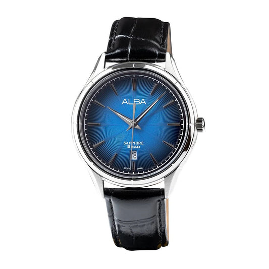 ALBA Deep Blue Patterned Dial Quartz Watch with Leather Strap Men's Watch AS9T73X1