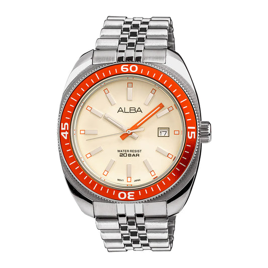 ALBA Cream Dial Quartz Men Watch with Bright Orange Bezel AS9T89X1