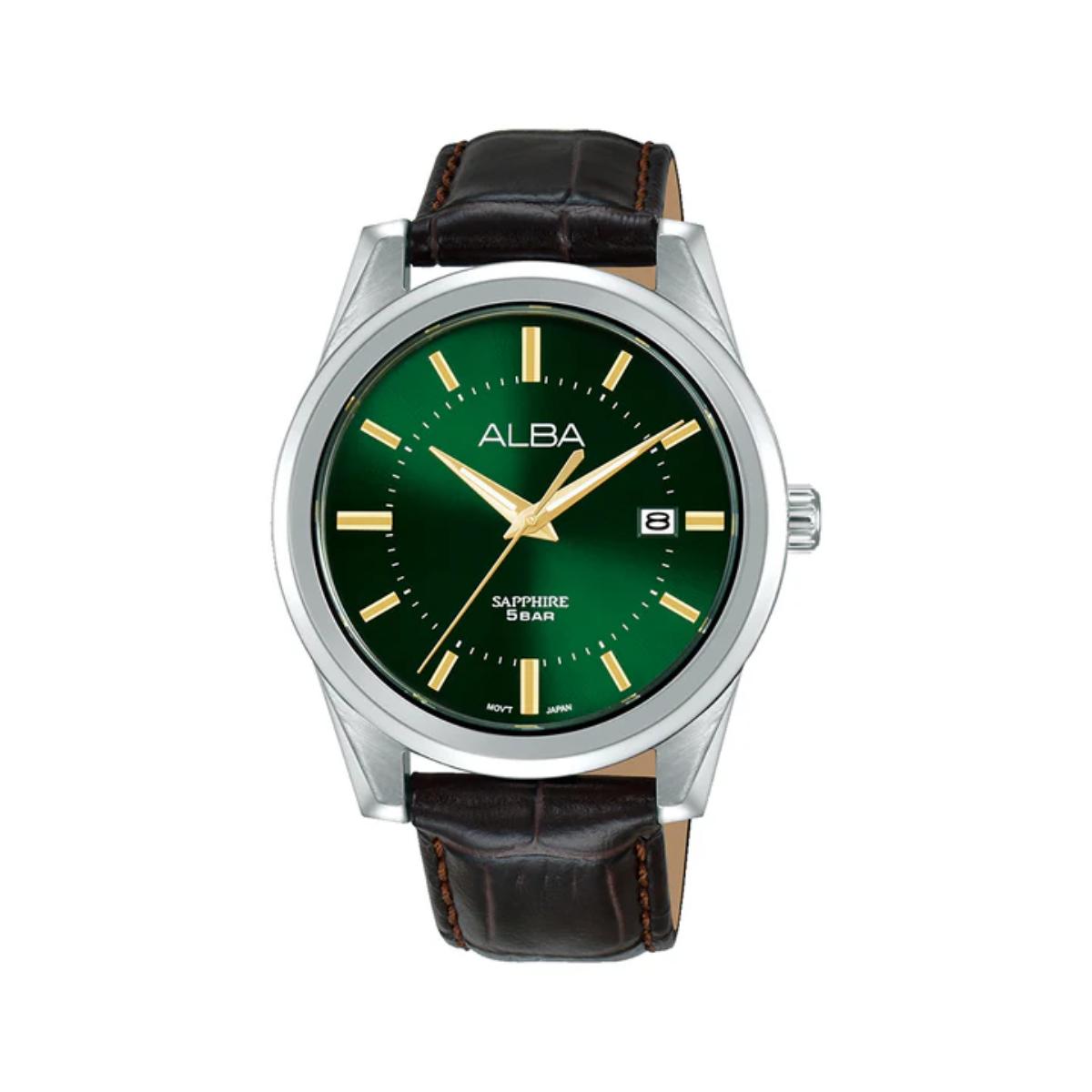 Watch with green dial and brown leather strap on a white background