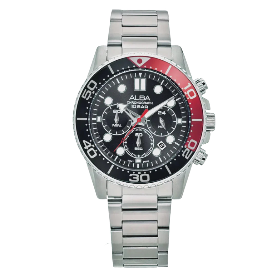 ALBA Midnight Black Dial with Black+Red Bezel Chronograph Men's Watch - AT3J37X1