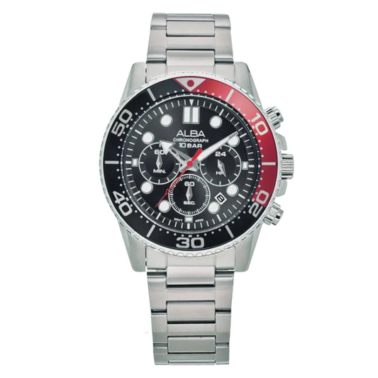 ALBA Midnight Black Dial with Black+Red Bezel Chronograph Men's Watch - AT3J37X1
