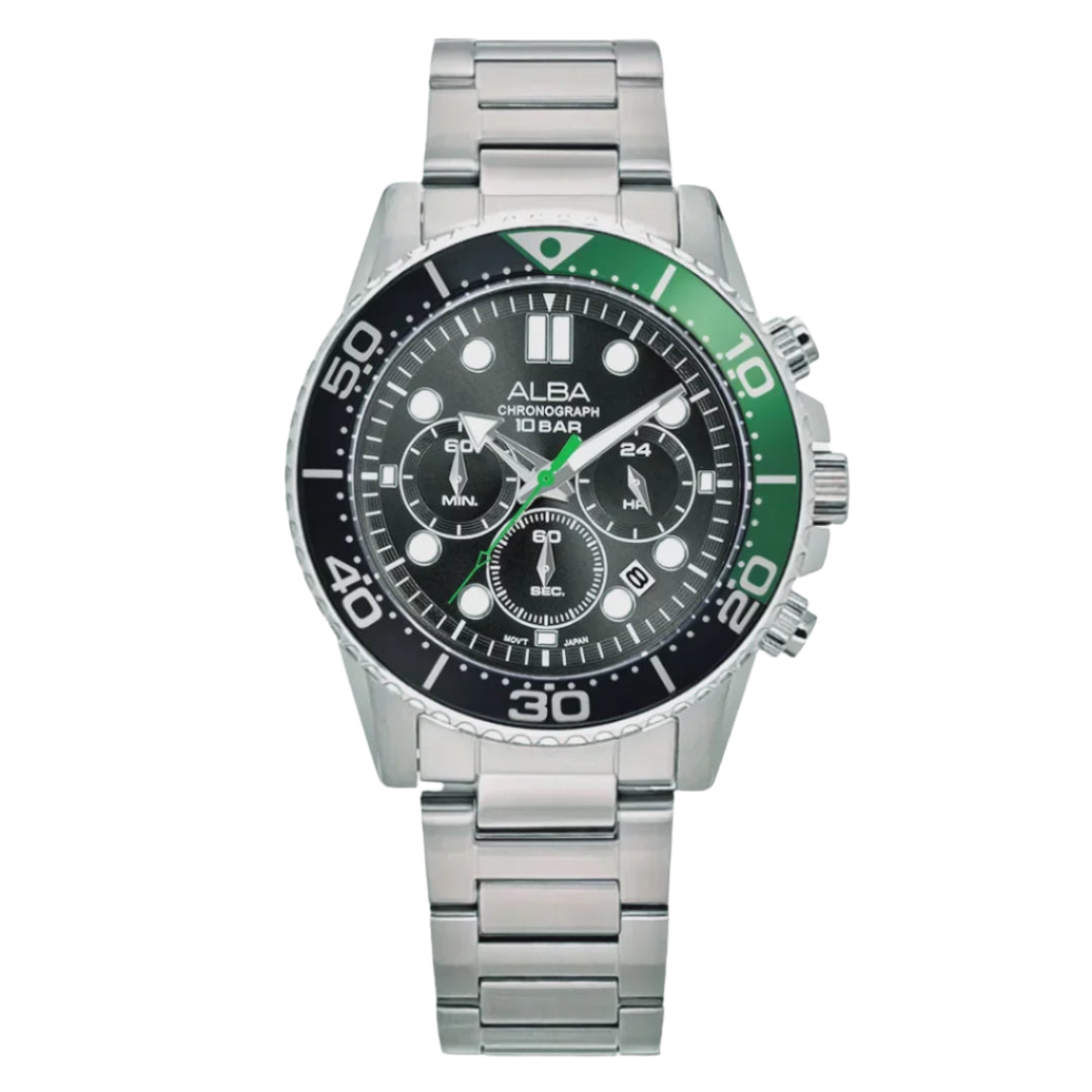 ALBA Midnight Black Dial with Black+Green Bezel Chronograph Men's Watch - AT3J39X1