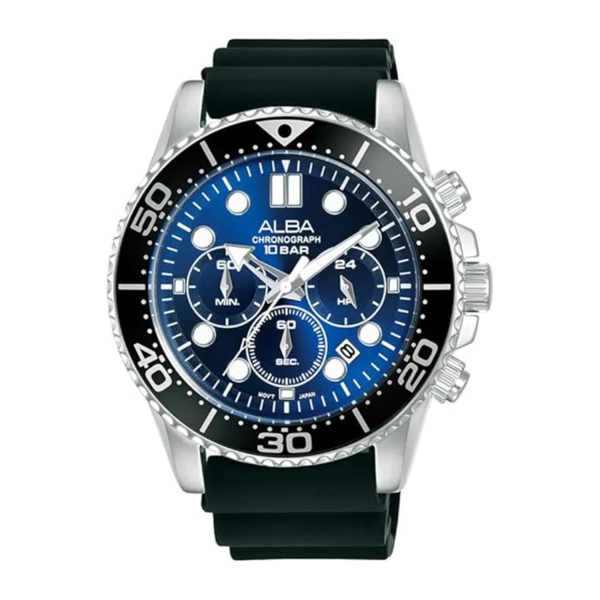 Alba watch with blue dial and black strap on a white background