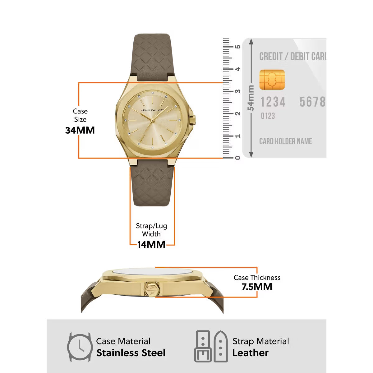 Armani Exchange Quartz Gold Dial Analog Leather Strap Women Watch AX4617