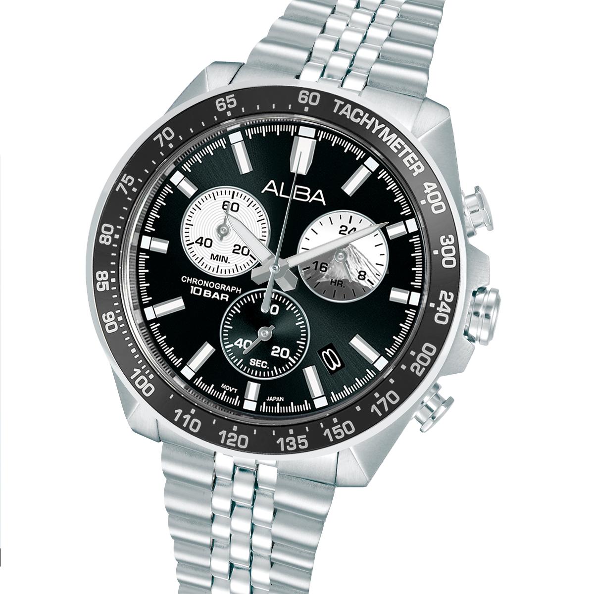 Silver watch with a black dial on a white background