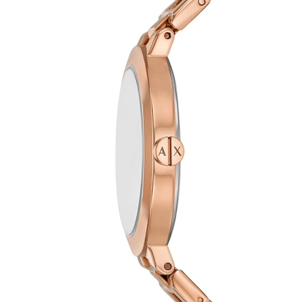Rose gold watch with Armani Exchange logo on a white background