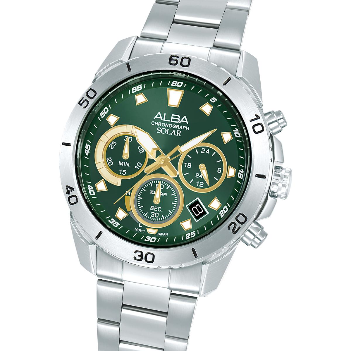 Silver watch with green dial and detailed face on a white background
