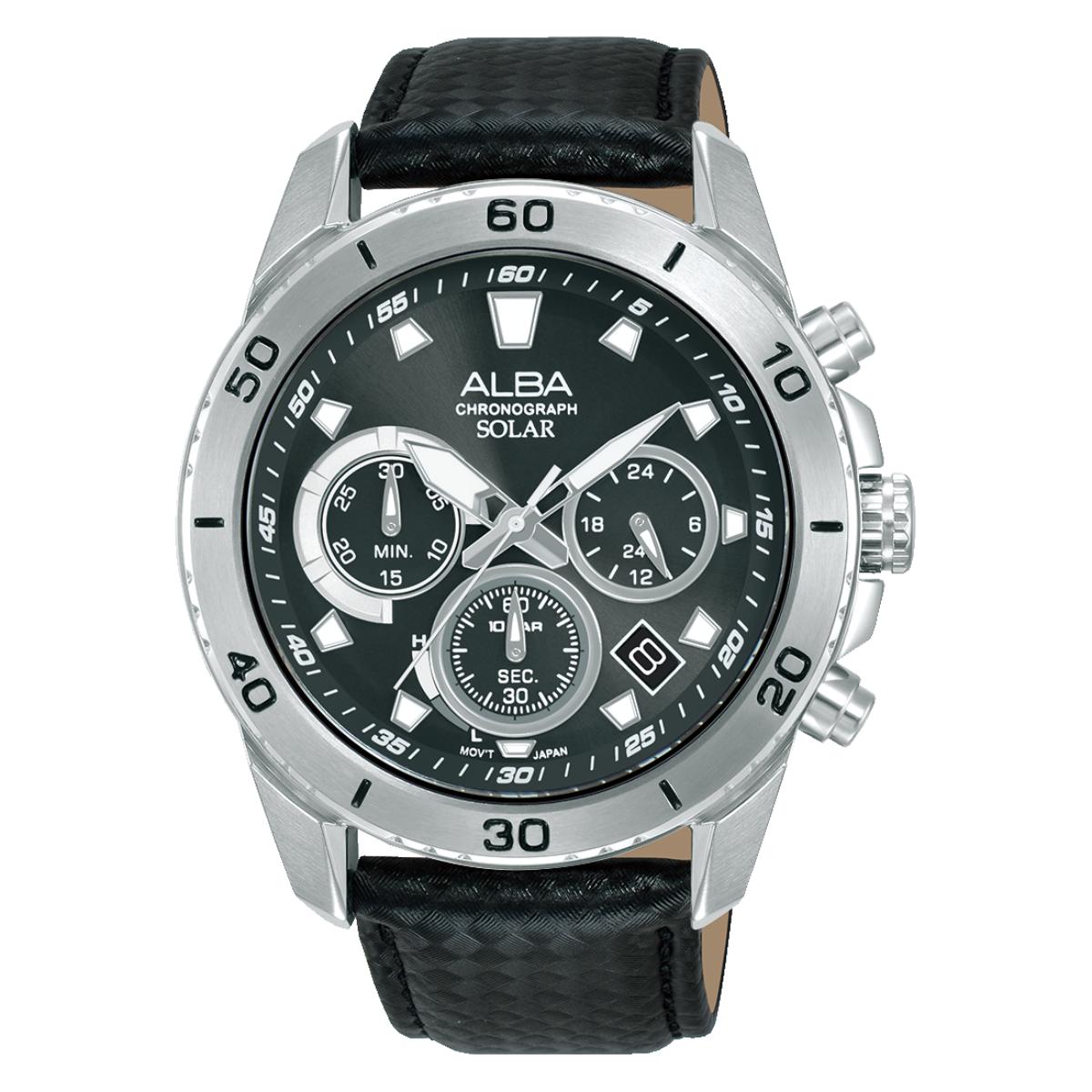 Alba chronograph solar watch with black dial and leather strap on a white background
