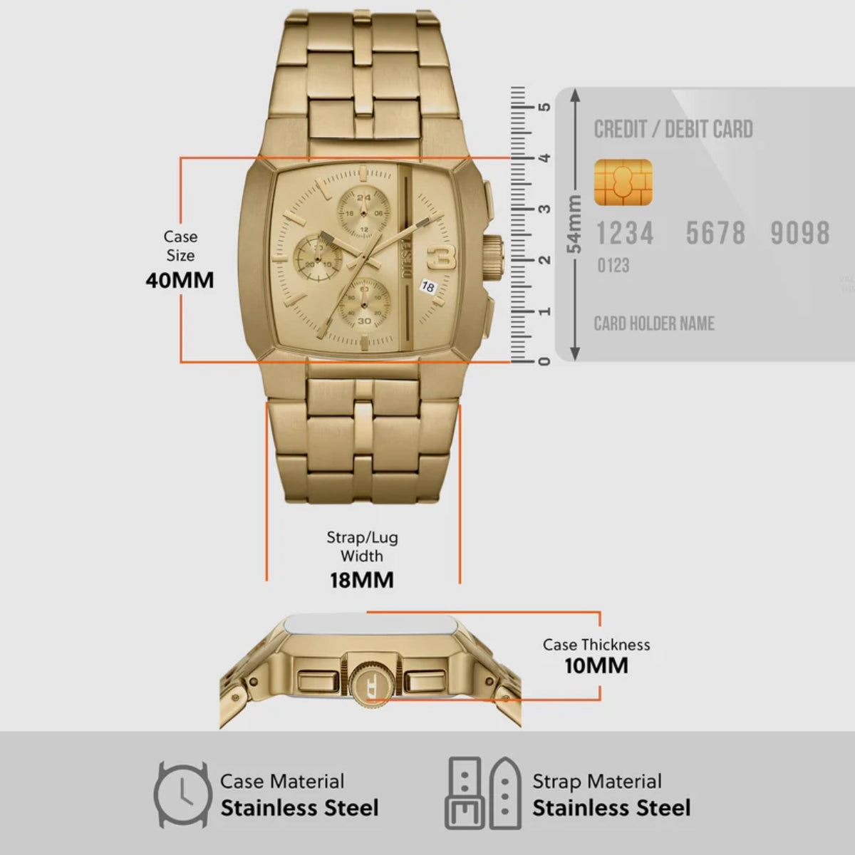 DZ4639 DIESEL | Cliffhanger Chrono Square Gold Dial Watch (Men)