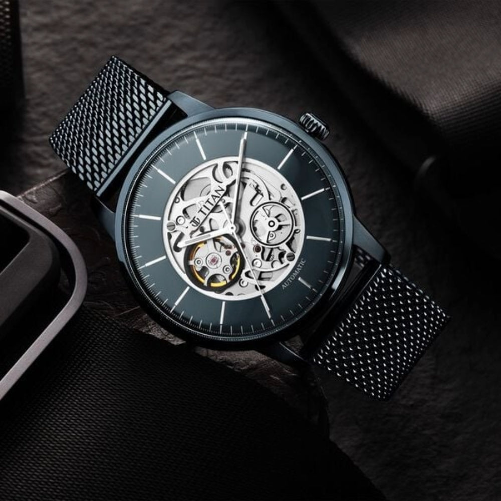 Titan Skeletal Automatic Blue Dial Watch for Men NS90110QM01