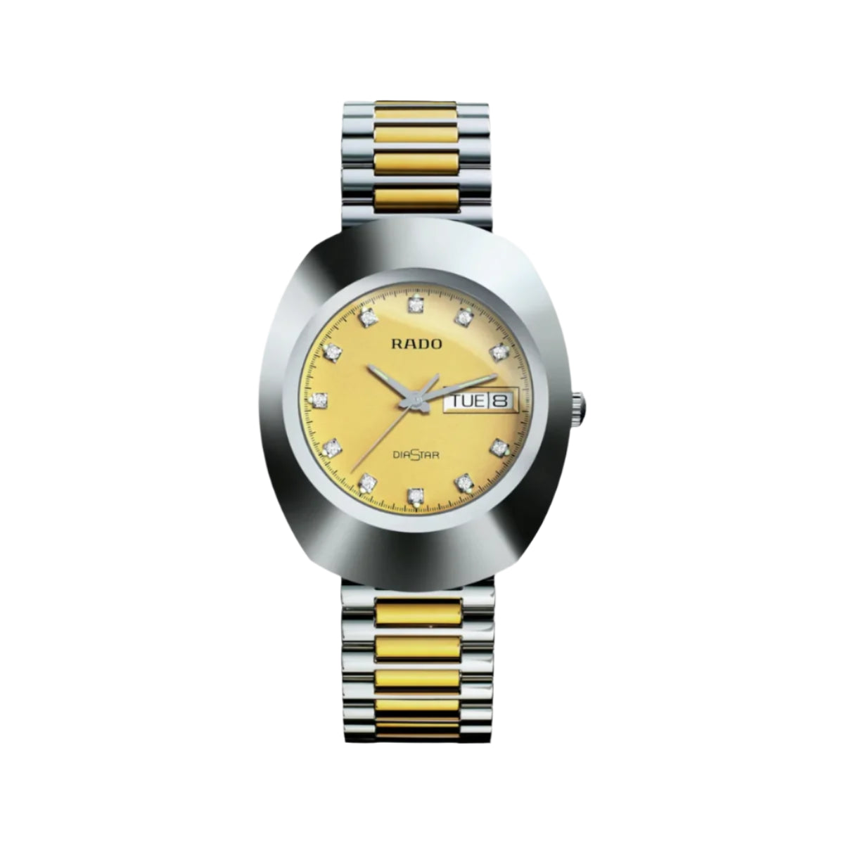 Silver and gold watch with diamond-studded face on a white background