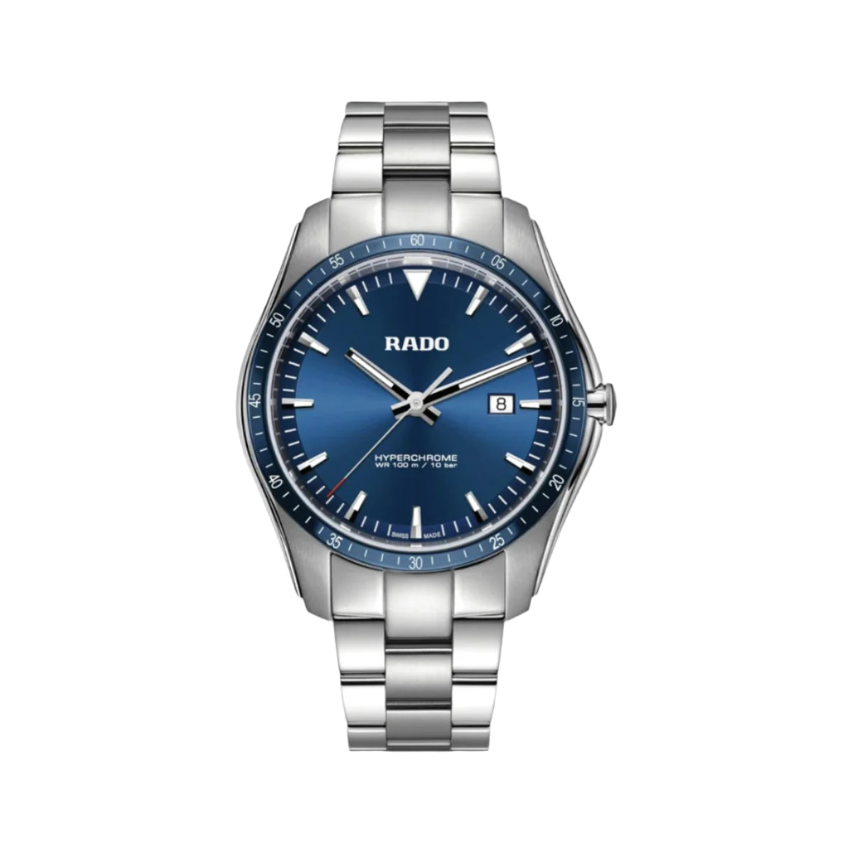 Silver Rado watch with blue dial on a light gray background