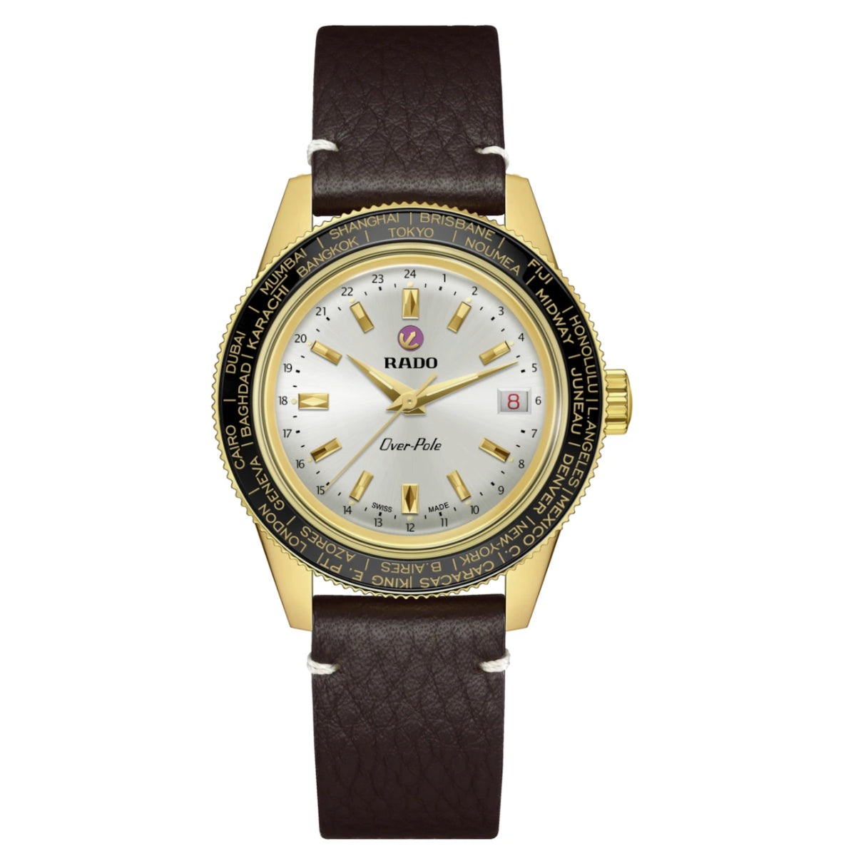 Rado watch with gold case and brown leather strap on a white background