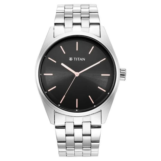 Titan Workwear Quartz Analog Black Dial Silver Stainless Steel Strap Watch For Men NS1866SM01