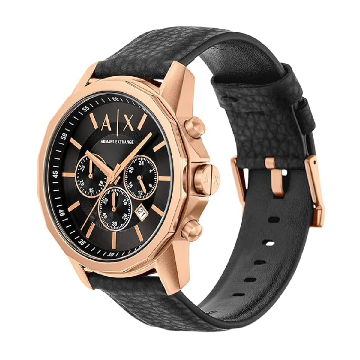 Luxury watch with black dial and rose gold case on a white background