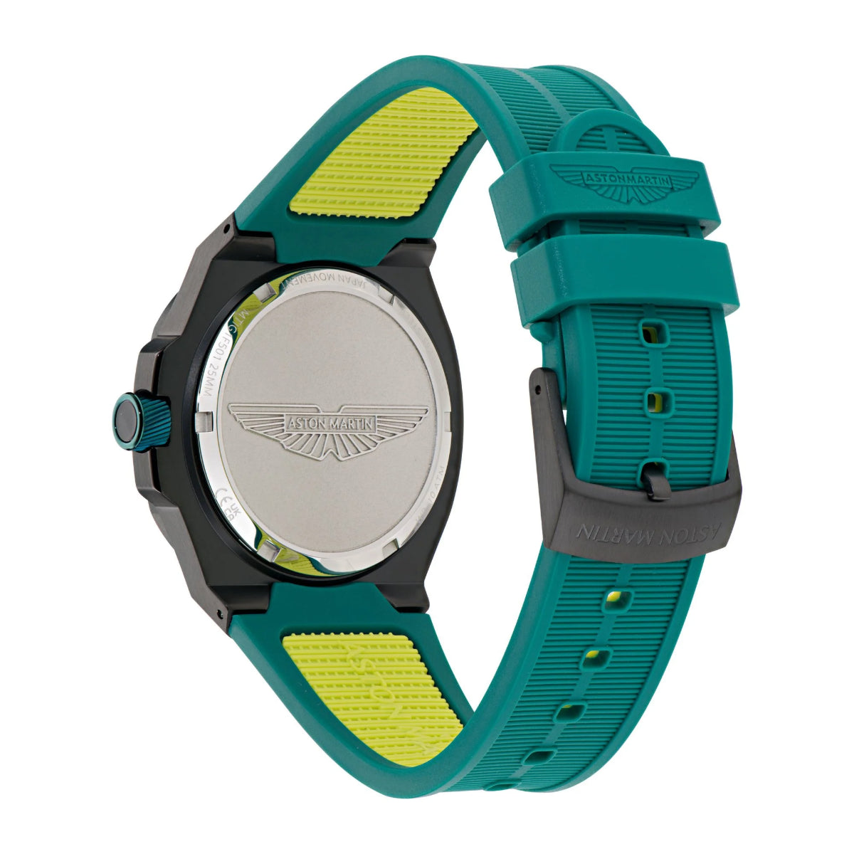 Teal and yellow watch with visible brand logo on a white background
