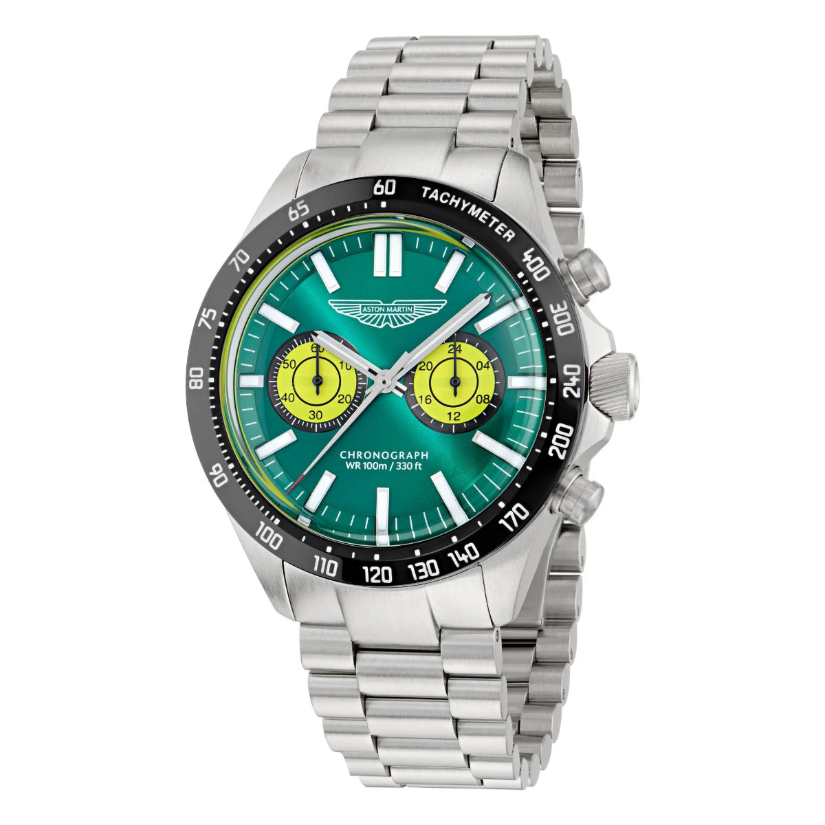 Silver watch with a green face and yellow accents on a white background
