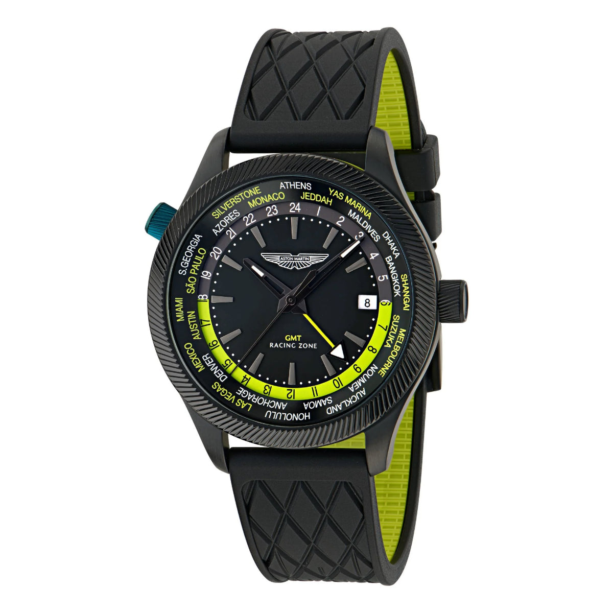 Black and green watch with detailed face on a white background