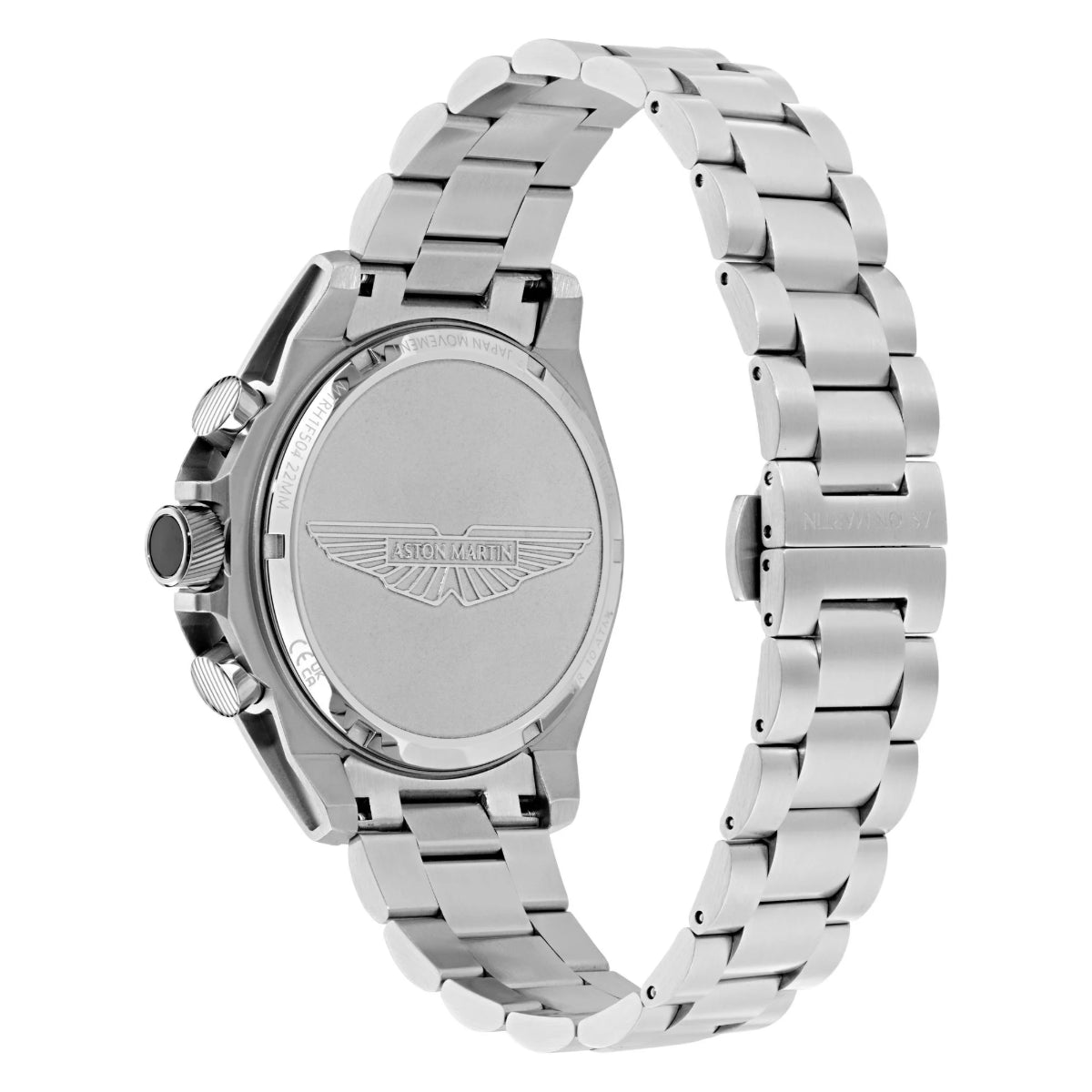 Silver watch with a visible brand logo on a white background