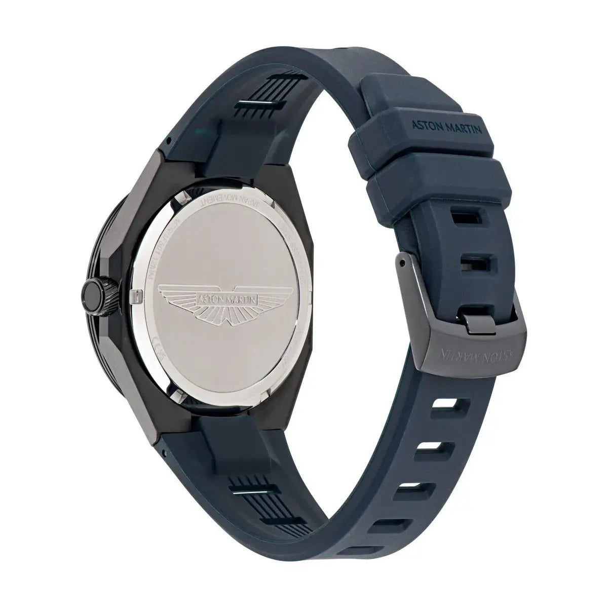 Wristwatch with blue strap and silver case on a white background