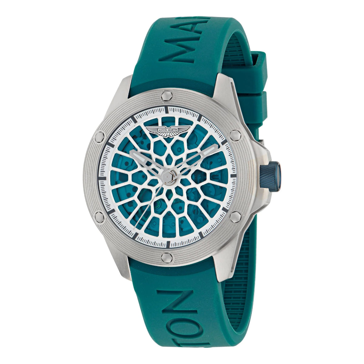 Teal watch with a unique face design on a white background