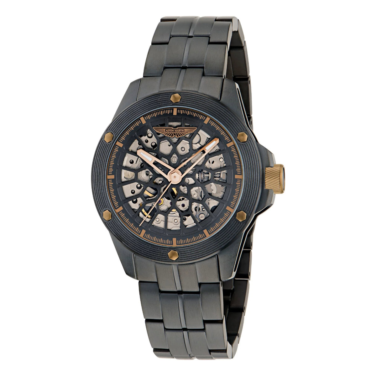 Gray wristwatch with detailed face on a white background