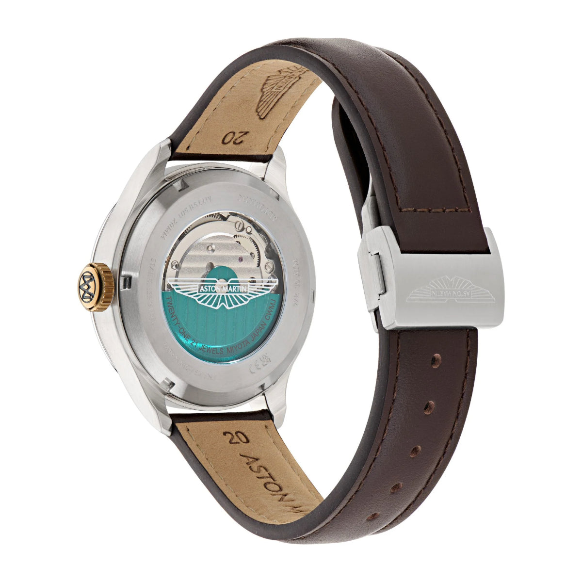 Watch with brown leather strap and silver case on a white background