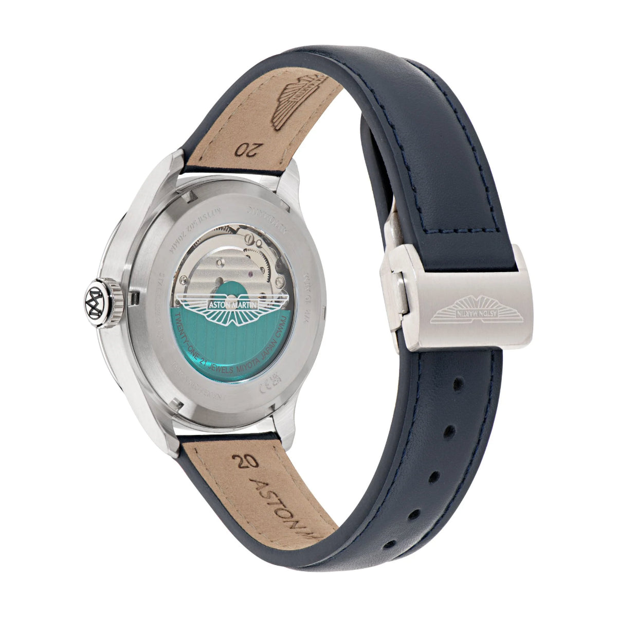 Watch with blue strap and silver case on a white background