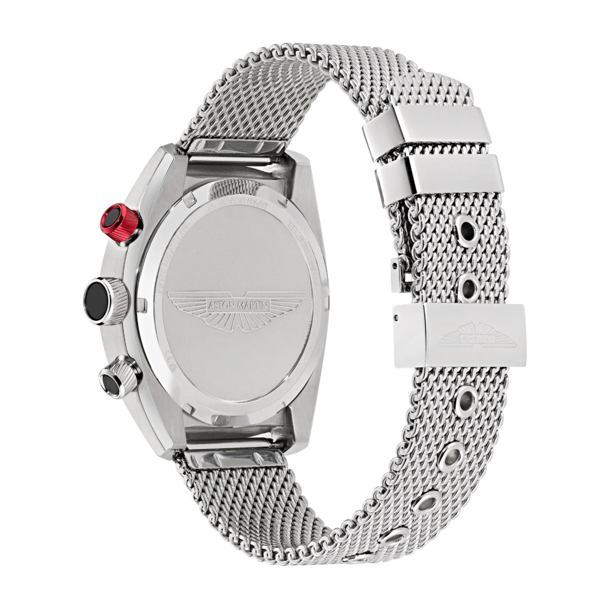 Silver watch with mesh band on a white background
