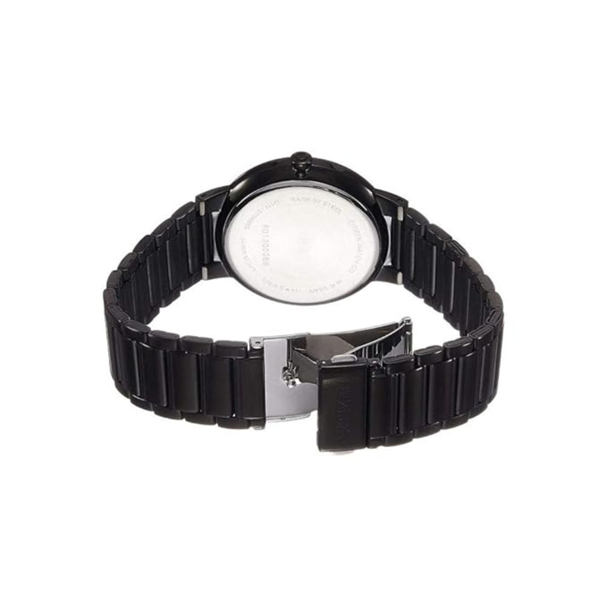 Black watch with a white face on a white background